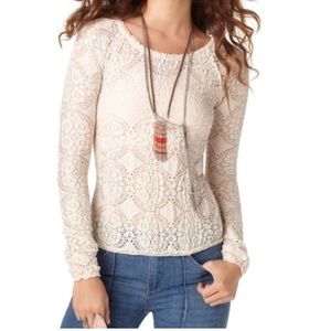 Free People Pucker Cream Lace Long Sleeve Top